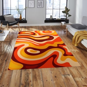 Orange Brown Groovy Psychedelic Rug, Vibrant Bedroom Area Rug, Cool ...
