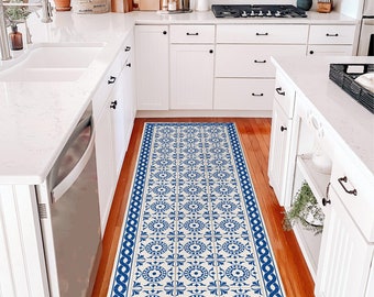 Kitchen Runner Rug or Hallway Runner with Portuguese Tiles Design in Blue and White Kitchen Floor Mat