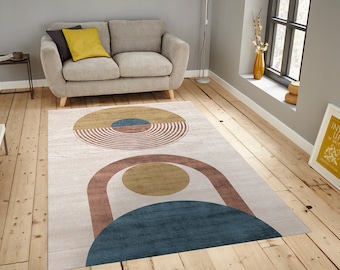 Alfombra geométrica de mediados de siglo, alfombra de diseño abstracto, decoración de sala de estar contemporánea