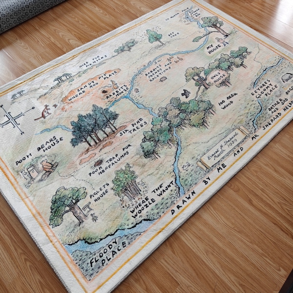 Winnie The Pooh Area Rug, Winnie The Pooh Plush Nursery Rug, Kids Room Decor, Play Area Mat, Non-Slip, Neutral Colors, 100 Acre Wood Map Rug