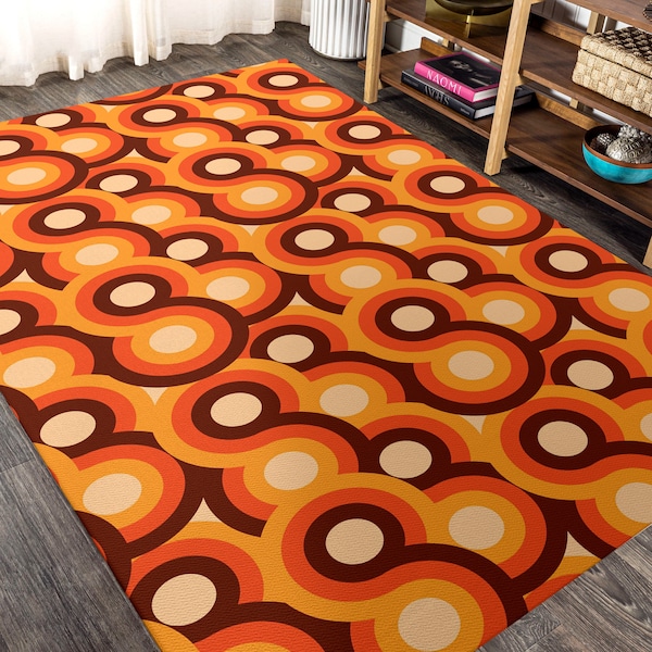 Brown Orange Retro Mid Century Rug, Geometric Design Area Rug, Vintage Inspired Floor Mat, Boho Chic Home Accent, Eye-catching Decor