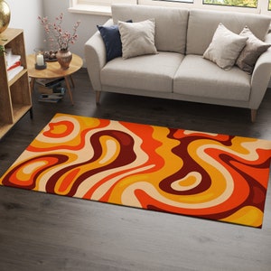 Orange Brown Groovy Psychedelic Rug, Vibrant Bedroom Area Rug, Cool ...