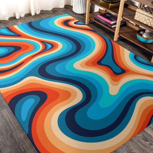 Alfombra psicodélica groovy azul naranja, alfombra de piso colorida, vibraciones retro hippie, alfombra de área boho