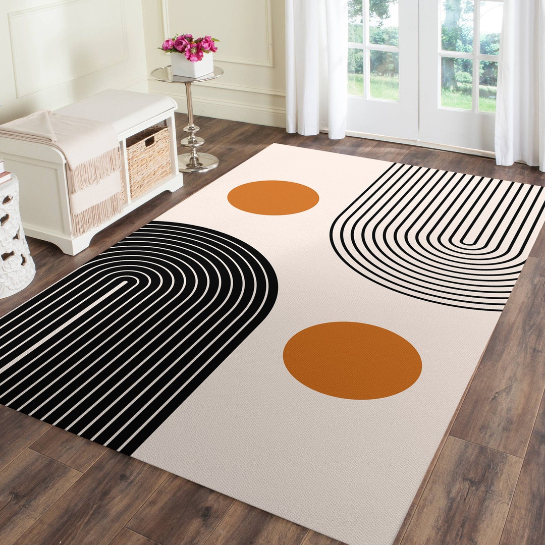 Mid Century Modern Minimalist Geometric Line Area Rug, Beige and Black