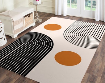 Mid Century Modern Minimalist Geometric Line Area Rug, Beige and Black Rug, Rugs For Living Room, Mid Century Modern Decor, Rugs for Bedroom