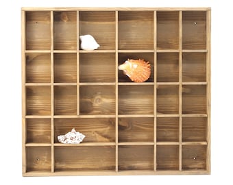 Light Brown Stained Wooden Display with 28 Compartments | Shadow Box | Golden Oak Wall Hanging Organizer | Divided Shelf| Collection Display