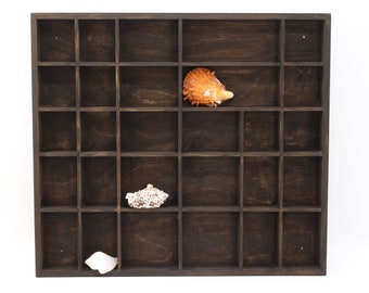 Dark Wooden Display 28 Compartments | Shadow Box | Brown Wall Hanging Organizer | Divided shelf for Curios | Figurines Collection Display