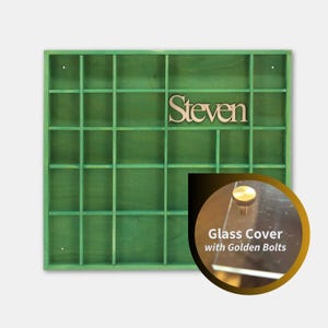 Espositore in legno verde scuro con 28 scomparti con nome / Scatola portaoggetti / Organizzatore per bambini / Ripiano diviso per curiosità / Idee per esporre pietre preziose e rocce