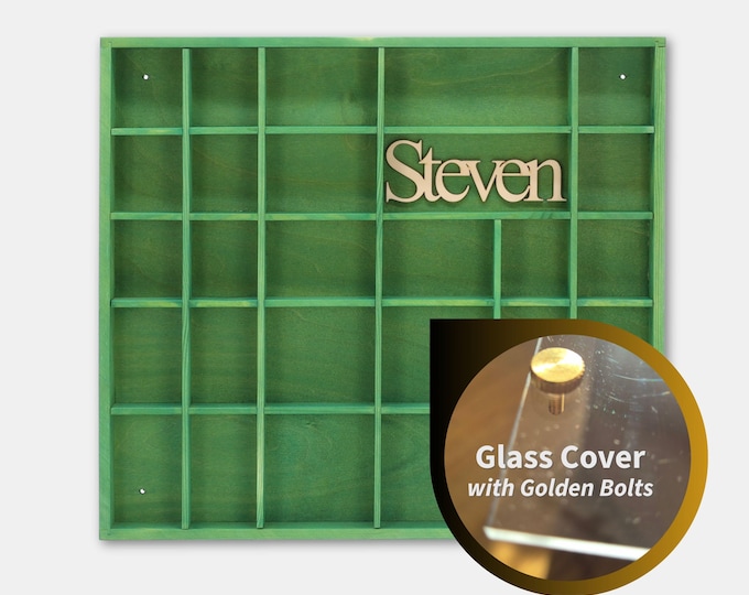 Dark Green Wooden Display 28 Dividers with Name | Shadow Box | Trinket Organizer| Divided Shelf for Curios | Gemstones & Rock Display Ideas