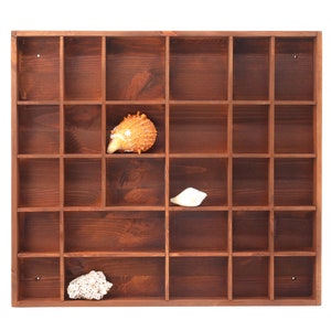 Brown Wooden Display with 28 Compartments | Shadow Curio Box | Teak color Wall Hanging Organizer | Divided Shelf | Antique Curios Collection