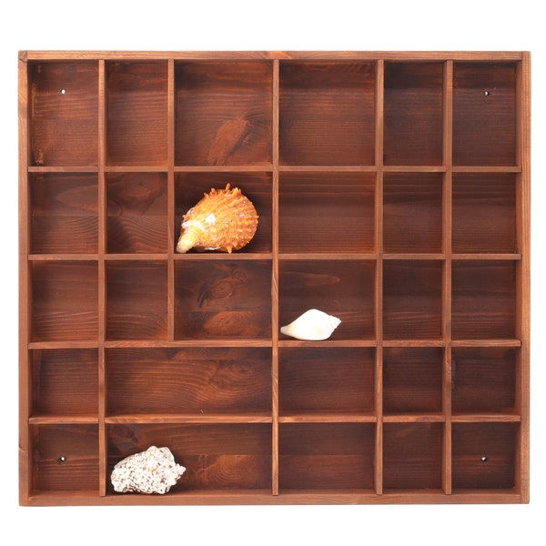 Brown Wooden Display with 28 Compartments | Shadow Curio Box | Teak color Wall Hanging Organizer | Divided Shelf | Antique Curios Collection