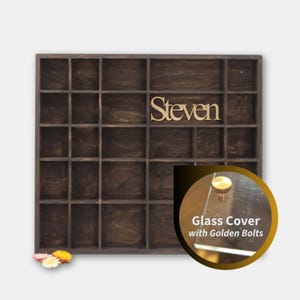 Brun trädisplay med 28 sektioner | Personlig skuggask med kuriosa | Färgad väggorganisatör | Prydnadshylla | Glaslock | Gyllene bultar