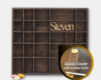 Brown Wooden Display with 28 Sections | Personalized Shadow Curio Box | Stained Wall Organizer | Trinkets Shelf | Glass Cover | Golden Bolts