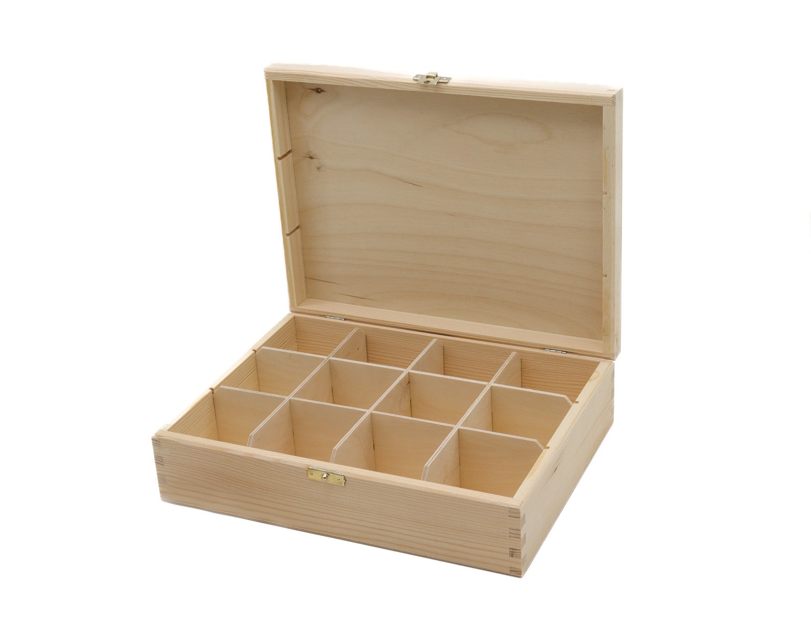 Wooden Tea Bag Box With 12 Compartments and a Latch Unfinished Wooden