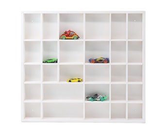 White Wooden Display with 28 Compartments | Shadow Curio Box | Hand Painted Wall Hanging Organizer | Divided Shelf | Curios Collection