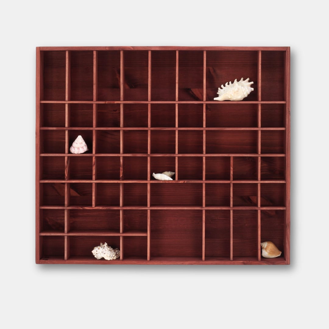 Bordo Large Wooden Display with 51 Compartments | Burgundy Shadow Curio | Divided Curios Shelf | Maroon Wooden Organizer Box | Wall Hanging