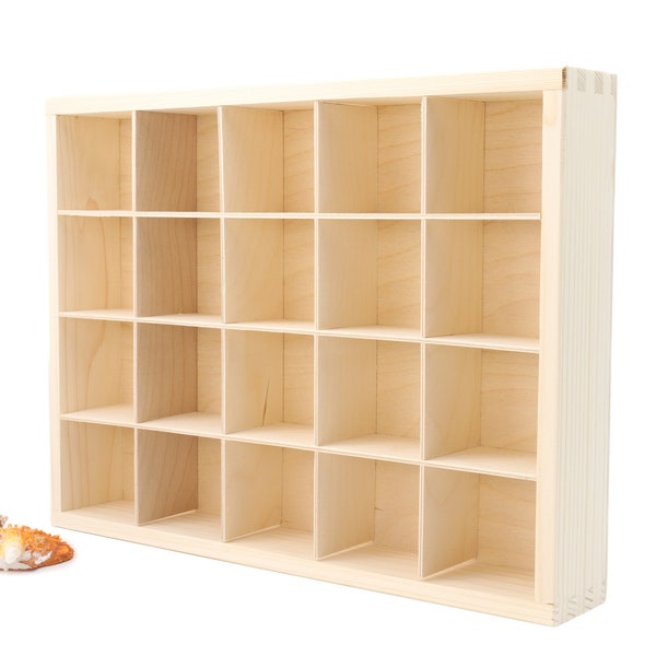 20 Fächer unbehandeltes Holz-Aufsteller | Schattenbox | Kollektion Aufsteller | Holzregal | Holz Aufbewahrungsbox | Wandbehang Organizer