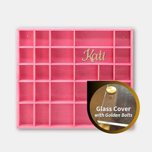 Pink Wooden Display with 28 Compartments Personalized | Shadow Curio Box | Stained Organizer with Cover | Divided Shelf | Curios Collection