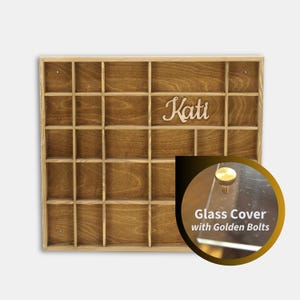 Light Brown Stained Wooden Display with 28 Compartments Personalized | Shadow Box with Cover | Golden Oak Wall Organizer | Divided Shelf