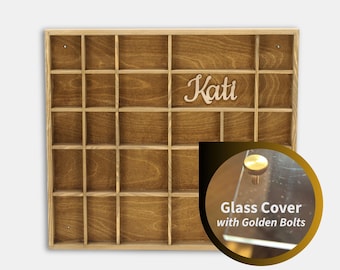 Light Brown Stained Wooden Display with 28 Compartments Personalized | Shadow Box with Cover | Golden Oak Wall Organizer | Divided Shelf