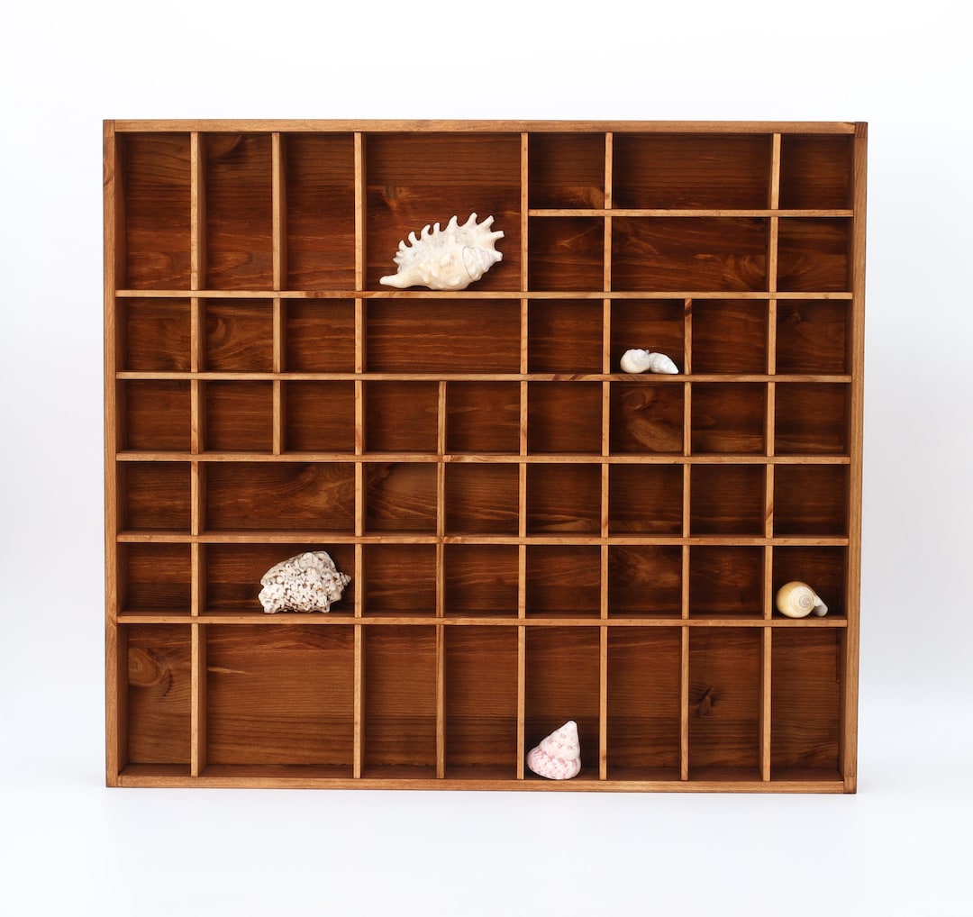 Brown Large Wooden Display with 51 Compartments | Shadow Curio Box | Teak Color Wall Hanging Organizer | Divided Shelf | Antique Collection