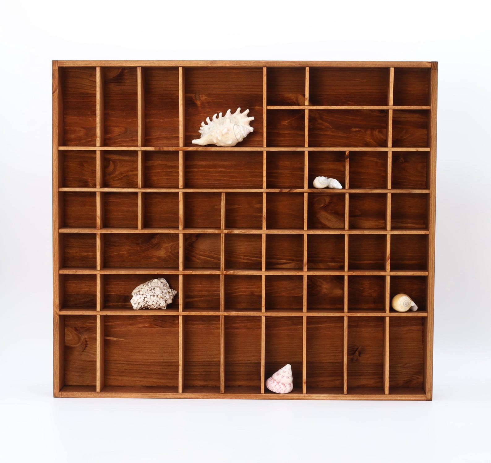 Brown Large Wooden Display with 51 Compartments | Shadow Curio Box | Teak Color Wall Hanging Organizer | Divided Shelf | Antique Collection