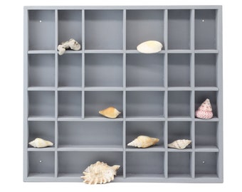 Grey Wooden Display with 28 Compartments | Shadow Curio Box | Hand Painted Wall Hanging Organizer | Divided Shelf | Curios Collection