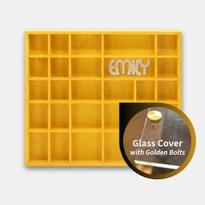 Yellow Wooden Display 28 Compartments | Shadow Box Personalized | Organizer with Cover| Tchotchke Shelf | Knick-Knack Collection | Kids Room
