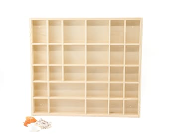 Unfinished Wooden Display with 28 Compartments | Shadow Box | Unpainted Wall Hanging Organizer | Divided shelf | Collection Display