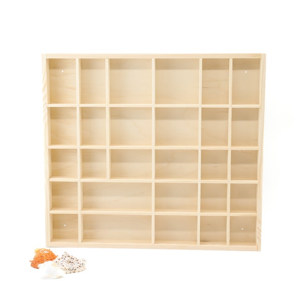 Unfinished Wooden Display with 28 Compartments | Shadow Box | Unpainted Wall Hanging Organizer | Divided shelf | Collection Display