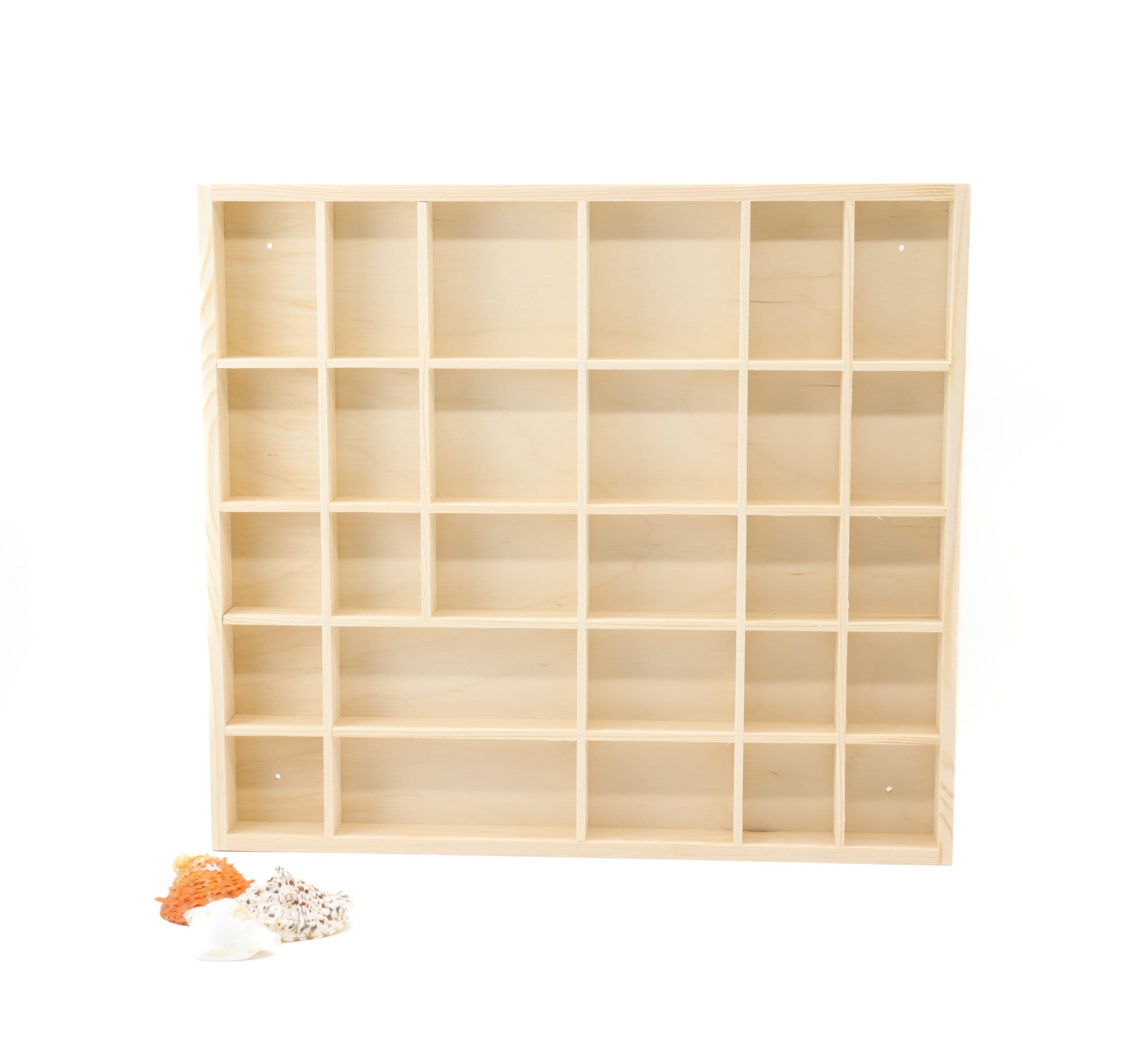 Unfinished Wooden Display with 28 Compartments | Shadow Box | Unpainted Wall Hanging Organizer | Divided shelf | Collection Display