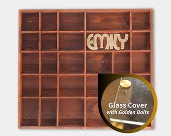 Brown Wooden Display with 28 Sections | Personalized Shadow Curio Box | Stained Wall Organizer | Trinkets Shelf | Glass Cover | Brass Bolts