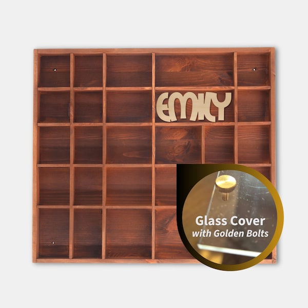 Brown Wooden Display with 28 Sections | Personalized Shadow Curio Box | Stained Wall Organizer | Trinkets Shelf | Glass Cover | Brass Bolts