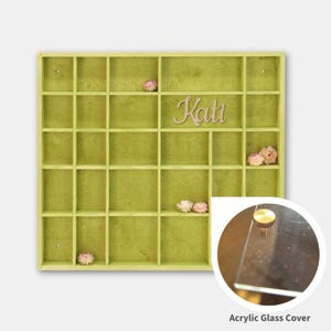 Green Wooden Display with 28 Sections | Personalized Shadow Curio Box | Stained Wall Organizer | Trinkets Shelf | Glass Cover | Golden Bolts