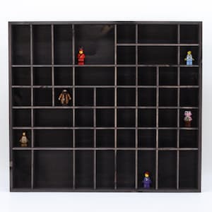 May include: A dark stained wooden display case with numerous small compartments. Several colorful miniature figures are placed within the compartments. The case is designed to showcase small collectibles or toys, offering a structured and organized presentation.