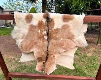 Goat Hide Rug | Brown White Fur Pelt | Rustic Cabin Decor Chair Throw