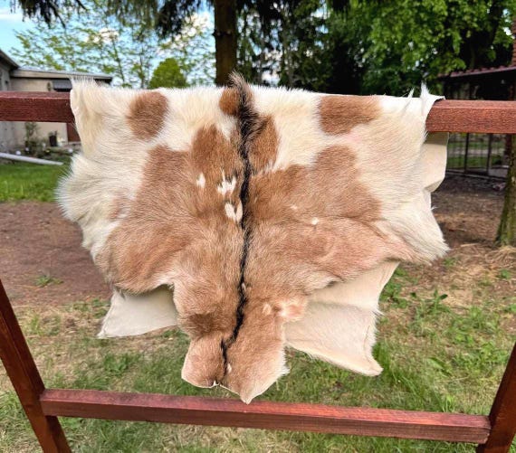 Goat Hide Rug | Brown White Fur Pelt | Rustic Cabin Decor Chair Throw