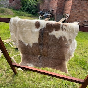 May include: A natural goat hide with a mix of brown, cream, and white fur. The hide is draped over a brown metal frame, showcasing its unique color pattern. The texture of the fur is visible, highlighting its natural quality.