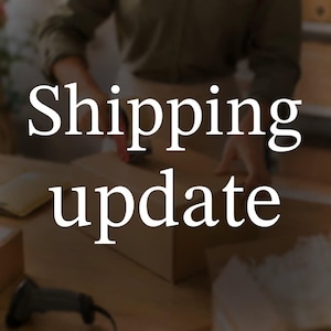 May include: A brown cardboard shipping box being prepared for transit. The text Shipping update is overlaid in large white serif font across the center of the image. A black barcode scanner is visible in the lower left corner of the workspace.