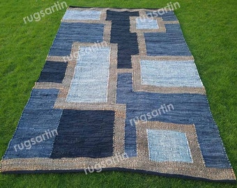 Indiaas handgemaakt 100% natuurlijk leer jute vloerkleed | Handgeweven vloerkleed voor alle kamers | Jute lederen vloerkleed voor slaapkamer, woonkamer, kantoor, entree