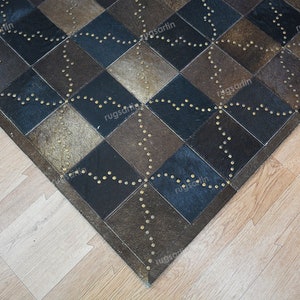 Premium Quality Handmade Genuine Leather Rug For Living Room, Office, Bedroom, Entryway, Square Brown Natural Leather Rug For Rustic Decor