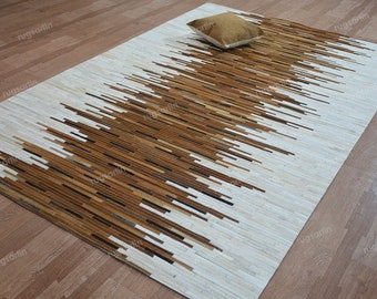 Handmade Patchwork Leather Rug For Living Room, Office, Bedroom, Entryway, Genuine Leather White Brown Tone Modern Area Rug, Home Decor Gift