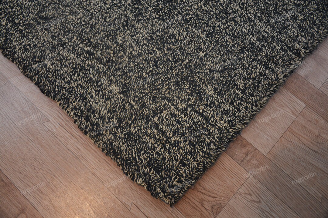 Black and Beige Jute Wool Rug for Living Room, Bedroom, Entryway