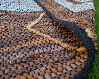 Vloerkleed natuurlijk leer en jute | Stijlvol gevlochten vloerkleed voor woondecoratie | Gevlochten jute en leren vloerkleed voor slaapkamer, woonkamer, kantoor