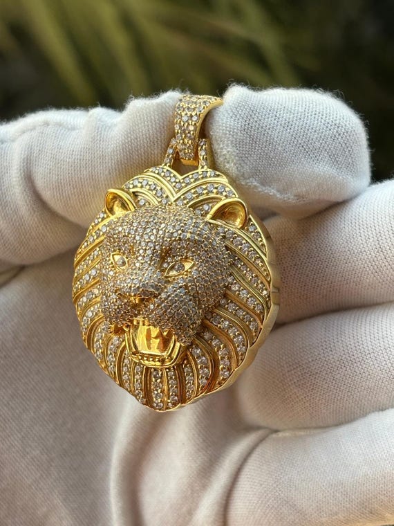 Lion Face Diamond Pendant Round Cut Simulated Diamond Pendant 925 Sterling Silver Lion Face 14K Yellow Gold Plated for Party Wear Etsy
