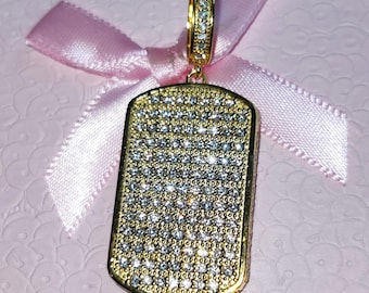 Moissanite Dog Tag Pendant: 14K Yellow Gold Plated Sterling Silver, Custom Engraved