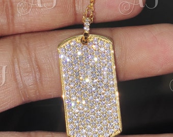 Moissanite Dog Tag Pendant: 14K Yellow Gold Finish, 2Ct Round Stone