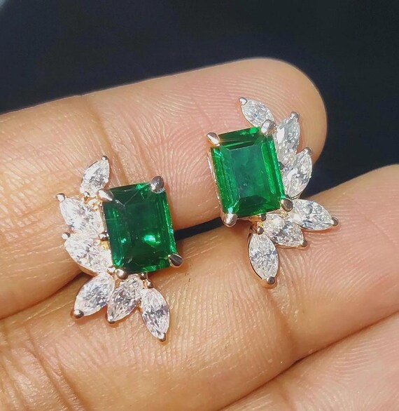 Emerald Cut Simulated Emerald Stud Earrings: 14K White Gold Finish