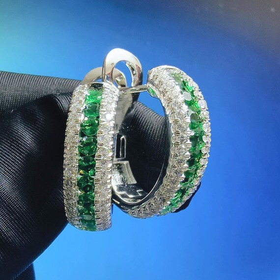 Emerald Green Hoop Earrings: Simulated Diamond, 14k White Gold Plated