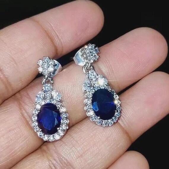 Simulated Sapphire Drop Earrings: 14K White Gold Finish, 925